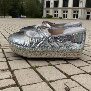 Steve Madden Brinn Silver Leather Espadrille Platform Mary Jane Shoes Womens 8